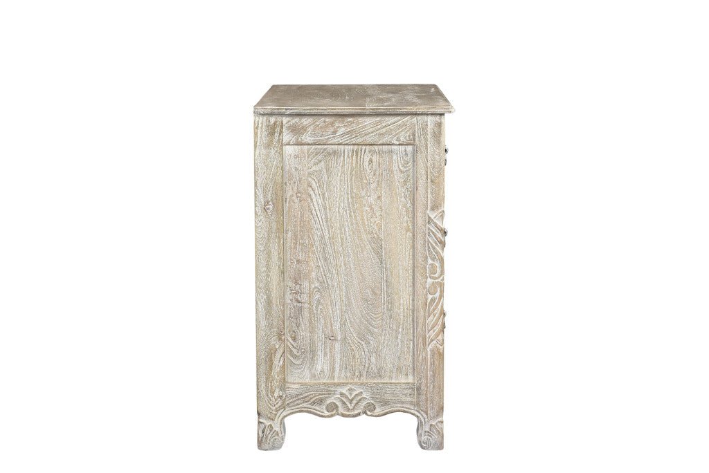 30" Distressed Gray Three Drawer Floral Carved Solid Wood Nightstand - Montana Home & Kitchen Co.