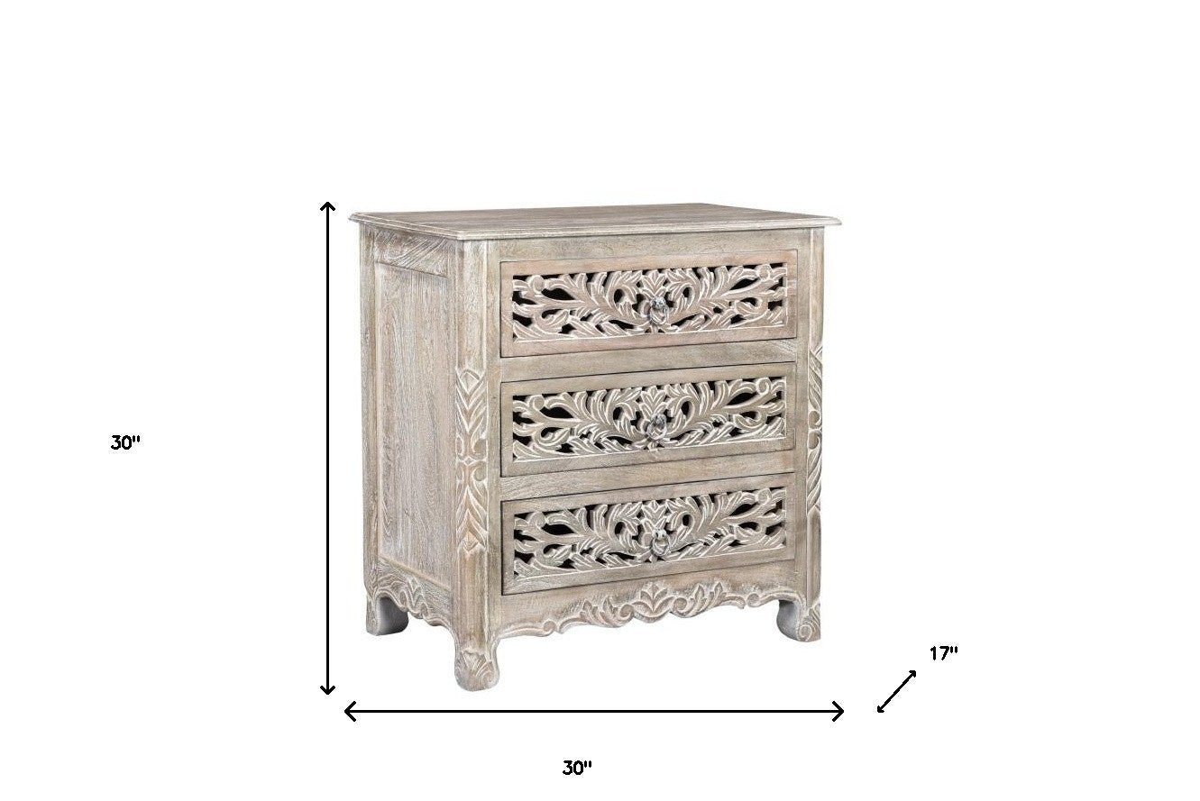 30" Distressed Gray Three Drawer Floral Carved Solid Wood Nightstand - Montana Home & Kitchen Co.