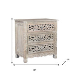 30" Distressed Gray Three Drawer Floral Carved Solid Wood Nightstand - Montana Home & Kitchen Co.