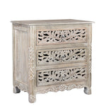 30" Distressed Gray Three Drawer Floral Carved Solid Wood Nightstand - Montana Home & Kitchen Co.