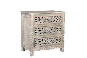 30" Distressed Gray Three Drawer Floral Carved Solid Wood Nightstand - Montana Home & Kitchen Co.