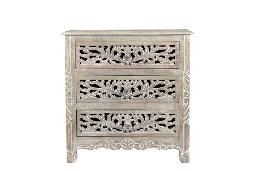 30" Distressed Gray Three Drawer Floral Carved Solid Wood Nightstand - Montana Home & Kitchen Co.