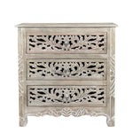 30" Distressed Gray Three Drawer Floral Carved Solid Wood Nightstand - Montana Home & Kitchen Co.