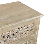 30" Distressed Gray Three Drawer Floral Carved Solid Wood Nightstand - Montana Home & Kitchen Co.