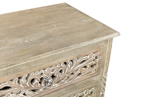 30" Distressed Gray Three Drawer Floral Carved Solid Wood Nightstand - Montana Home & Kitchen Co.