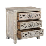 30" Distressed Gray Three Drawer Floral Carved Solid Wood Nightstand - Montana Home & Kitchen Co.