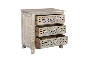 30" Distressed Gray Three Drawer Floral Carved Solid Wood Nightstand - Montana Home & Kitchen Co.