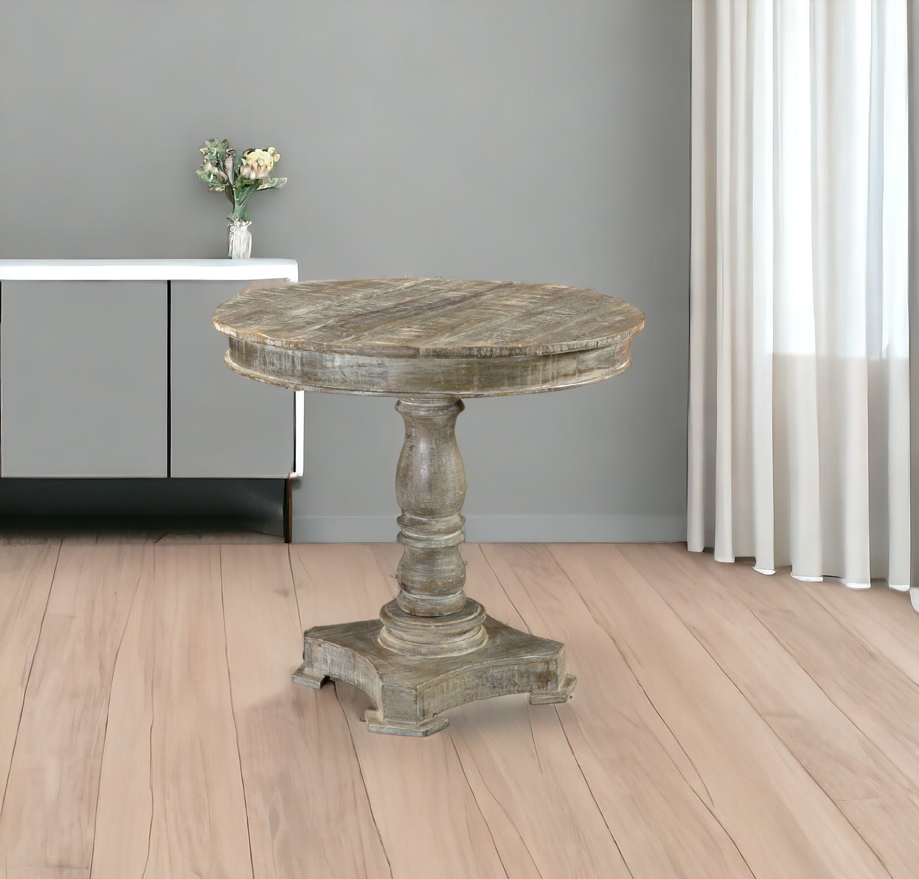 30" Gray Rounded Solid Wood Pedestal Base Dining Table - Montana Home & Kitchen Co.