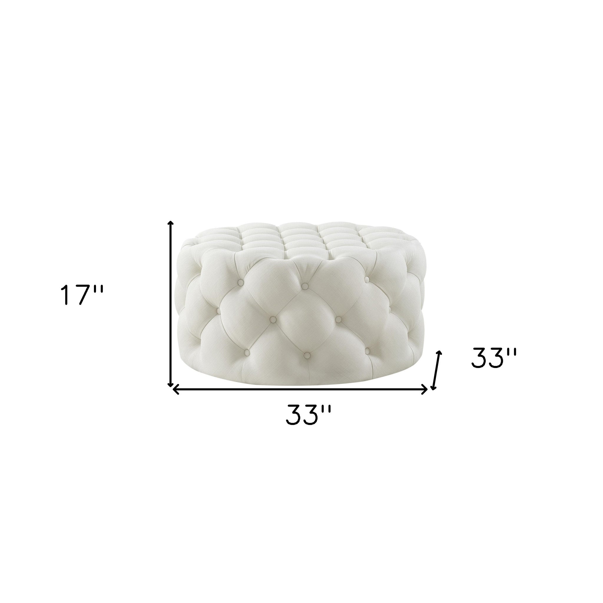 33" White Linen Rolling Tufted Round Cocktail Ottoman - Montana Home & Kitchen Co.