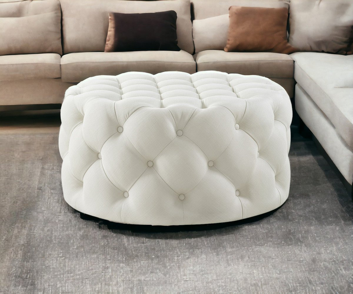 33" White Linen Rolling Tufted Round Cocktail Ottoman - Montana Home & Kitchen Co.