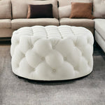 33" White Linen Rolling Tufted Round Cocktail Ottoman - Montana Home & Kitchen Co.