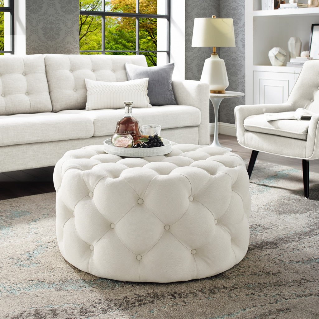 33" White Linen Rolling Tufted Round Cocktail Ottoman - Montana Home & Kitchen Co.