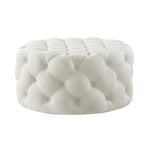 33" White Linen Rolling Tufted Round Cocktail Ottoman - Montana Home & Kitchen Co.