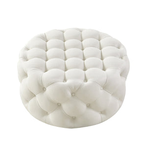 33" White Linen Rolling Tufted Round Cocktail Ottoman - Montana Home & Kitchen Co.