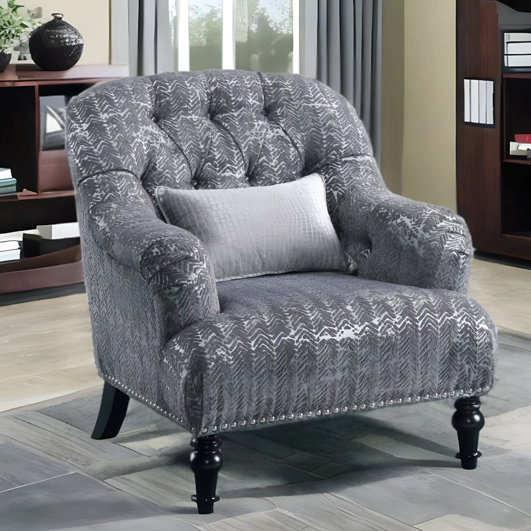 34" Gray And Black Fabric Chevron Tufted Arm Chair And Toss Pillow - Montana Home & Kitchen Co.