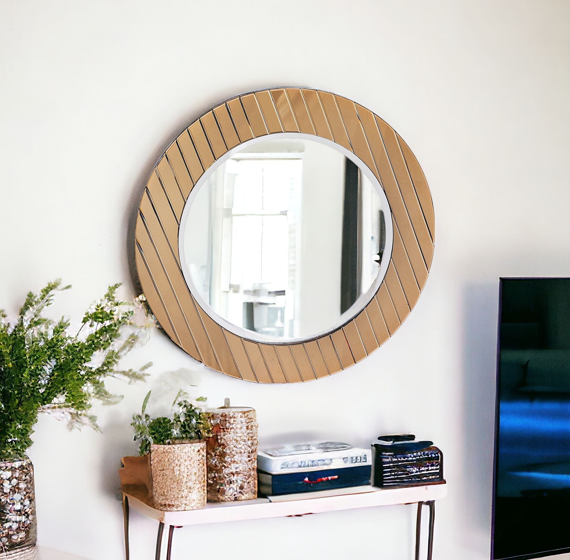 35" Gold Round Glass Framed Accent Mirror - Montana Home & Kitchen Co.