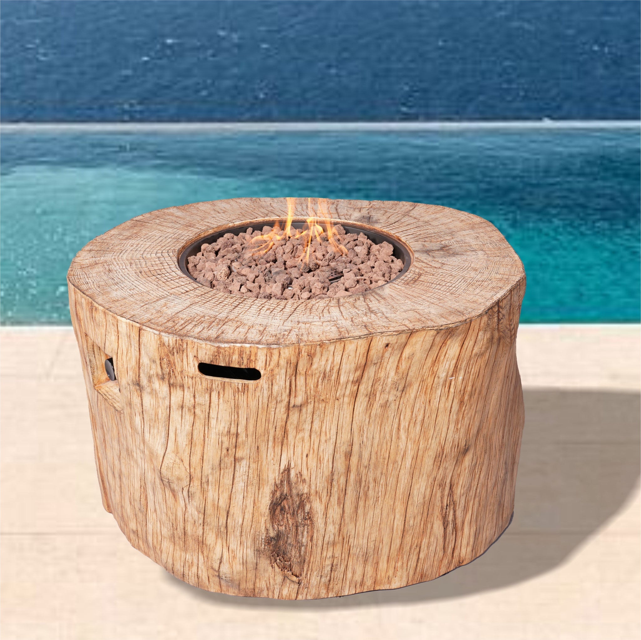 37" Brown Faux Wood Stump Propane Round Fire pit With Cover - Montana Home & Kitchen Co.