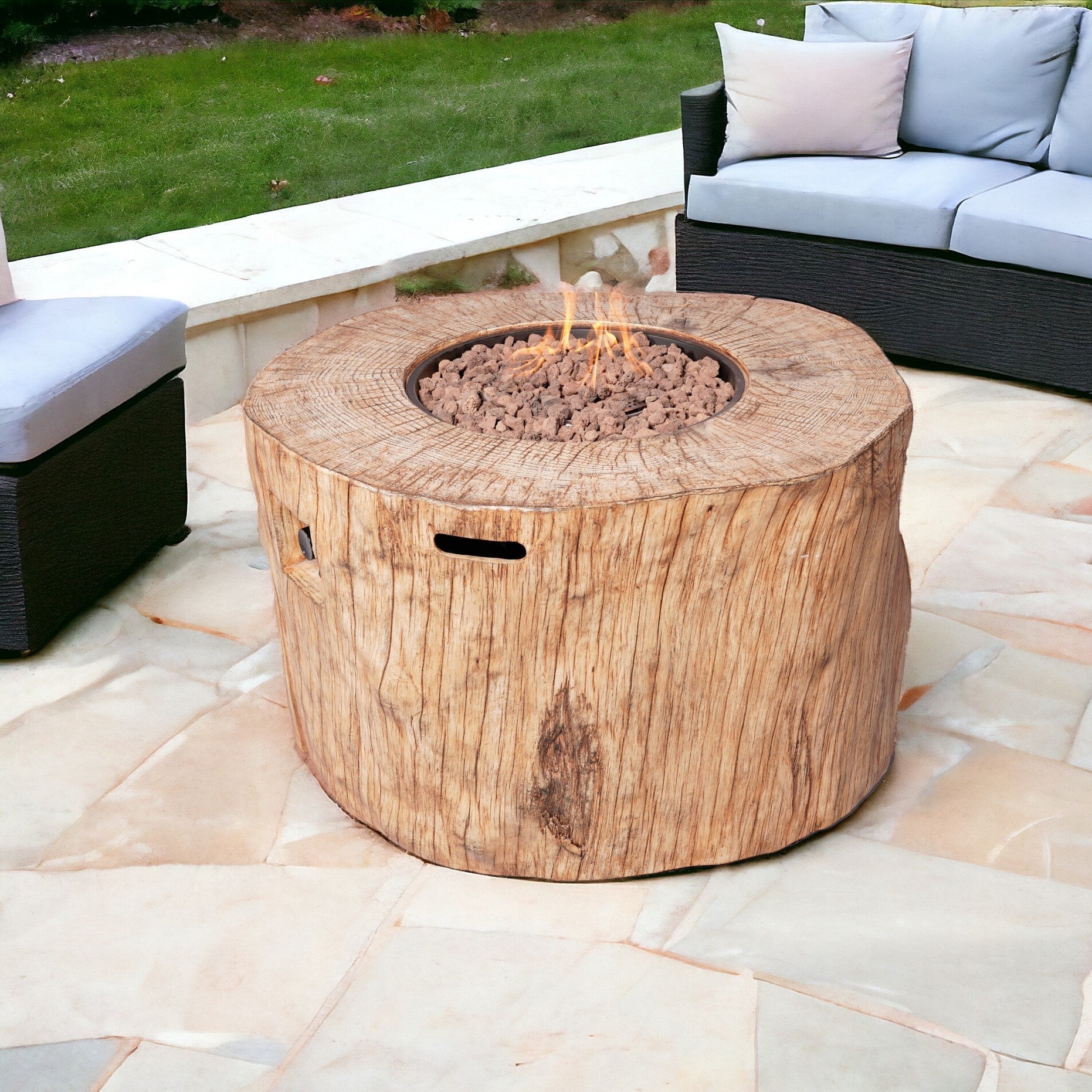 37" Brown Faux Wood Stump Propane Round Fire pit With Cover - Montana Home & Kitchen Co.