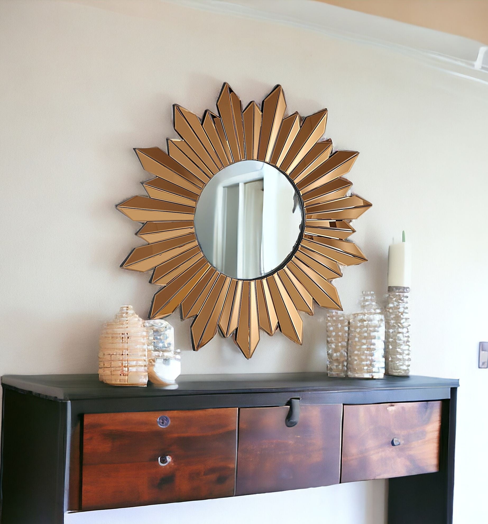 39" Gold Sunburst Glass Framed Accent Mirror - Montana Home & Kitchen Co.