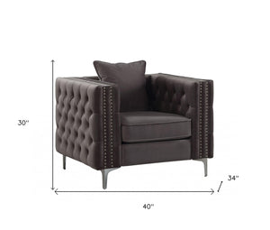 40" Dark Slate Gray And Silver Velvet Tufted Club Chair And Toss Pillow - Montana Home & Kitchen Co.