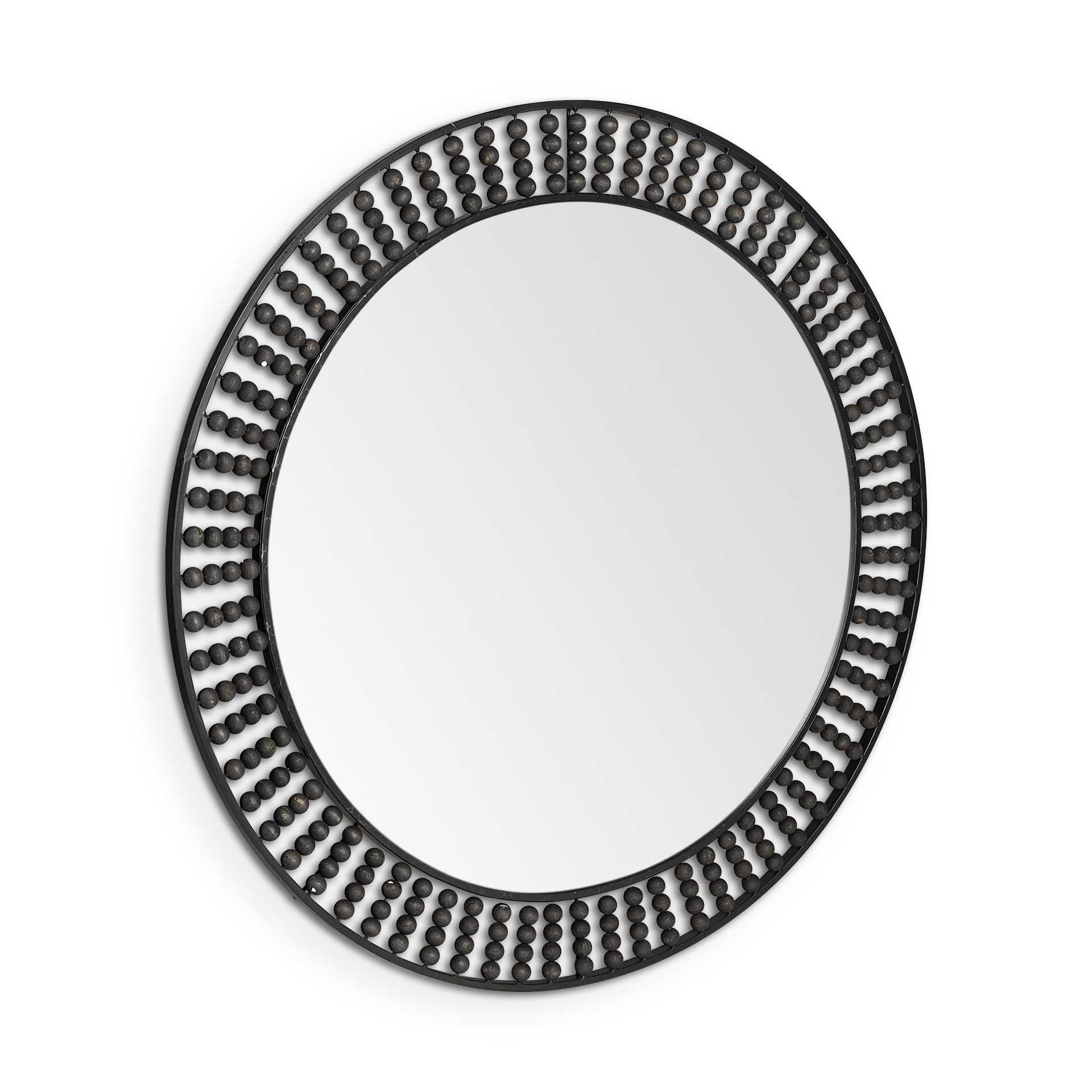 42" Round Black Metal Frame Wall Mirror With Wood Beads - Montana Home & Kitchen Co.