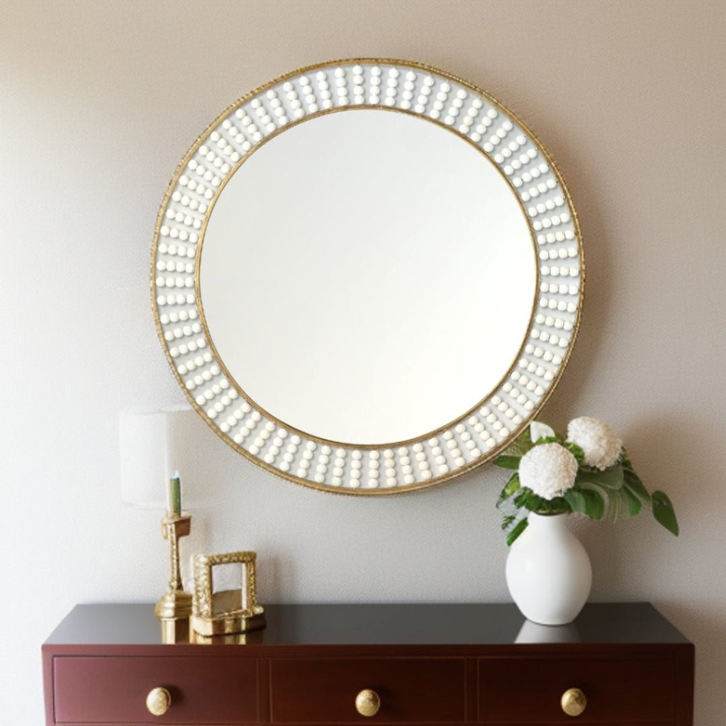 42" Round Gold Metal Frame Wall Mirror With White Wood Beads - Montana Home & Kitchen Co.