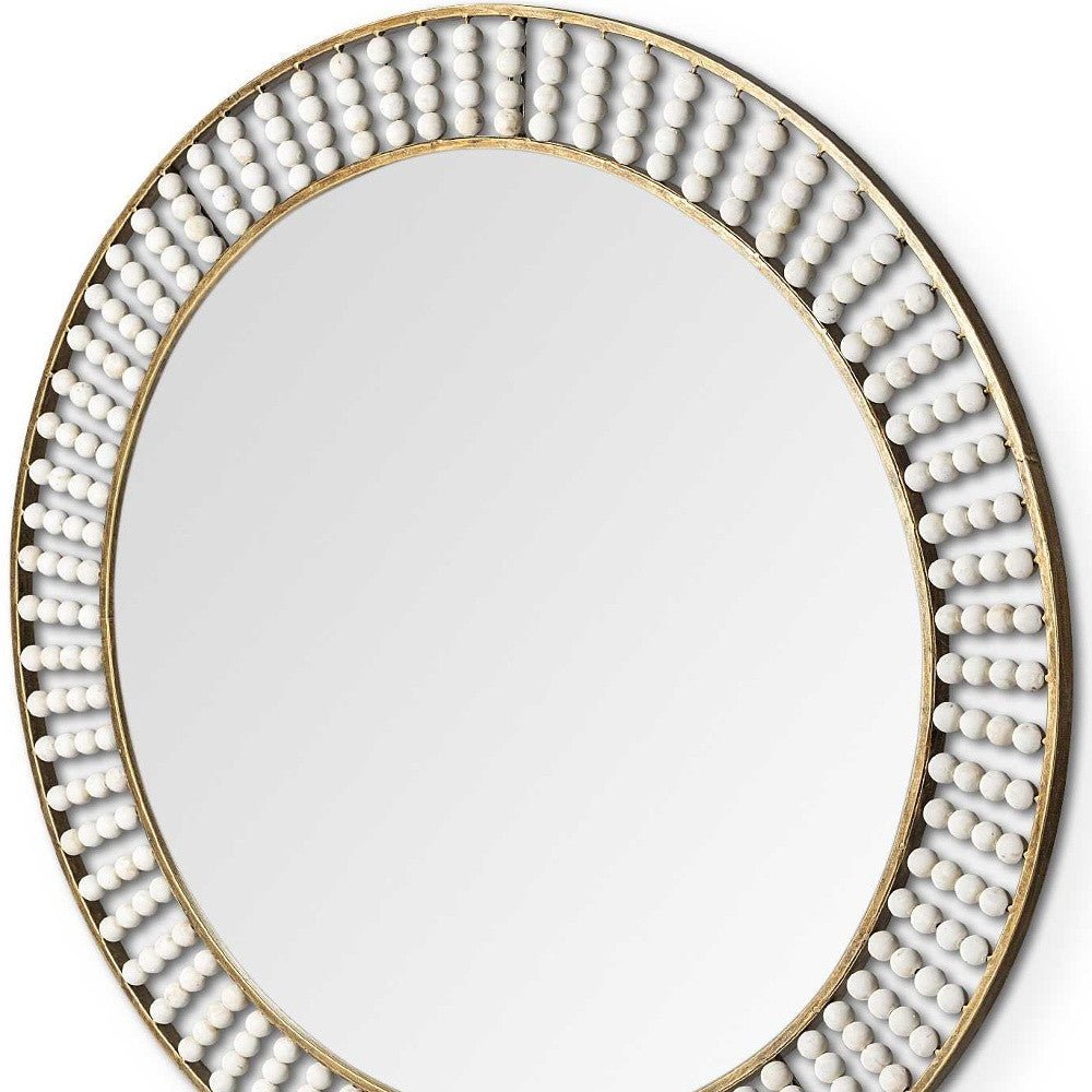 42" Round Gold Metal Frame Wall Mirror With White Wood Beads - Montana Home & Kitchen Co.