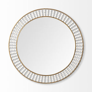 42" Round Gold Metal Frame Wall Mirror With White Wood Beads - Montana Home & Kitchen Co.