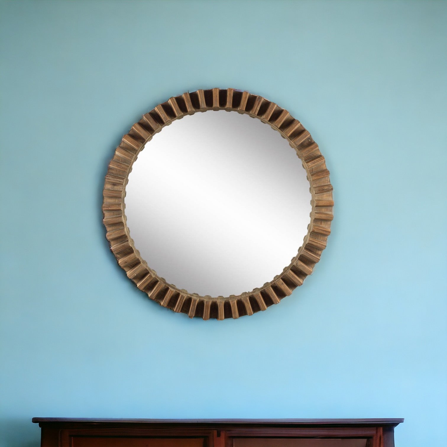 44" Round Brown Wood Frame Wall Mirror - Montana Home & Kitchen Co.