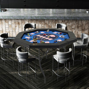 48 Inches Foldable Poker Table with Padded Rails and Cup Holders - Blue - Color: Blue - Montana Home & Kitchen Co.