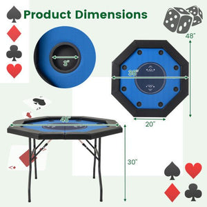 48 Inches Foldable Poker Table with Padded Rails and Cup Holders - Blue - Color: Blue - Montana Home & Kitchen Co.