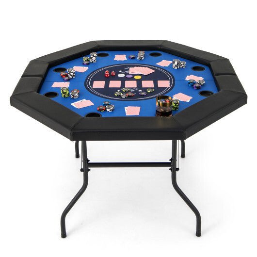 48 Inches Foldable Poker Table with Padded Rails and Cup Holders - Blue - Color: Blue - Montana Home & Kitchen Co.