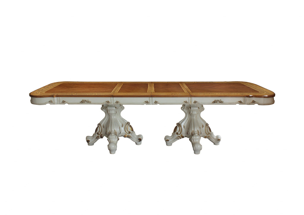 49" Brown And White Solid Wood Double Pedestal Base Dining Table - Montana Home & Kitchen Co.