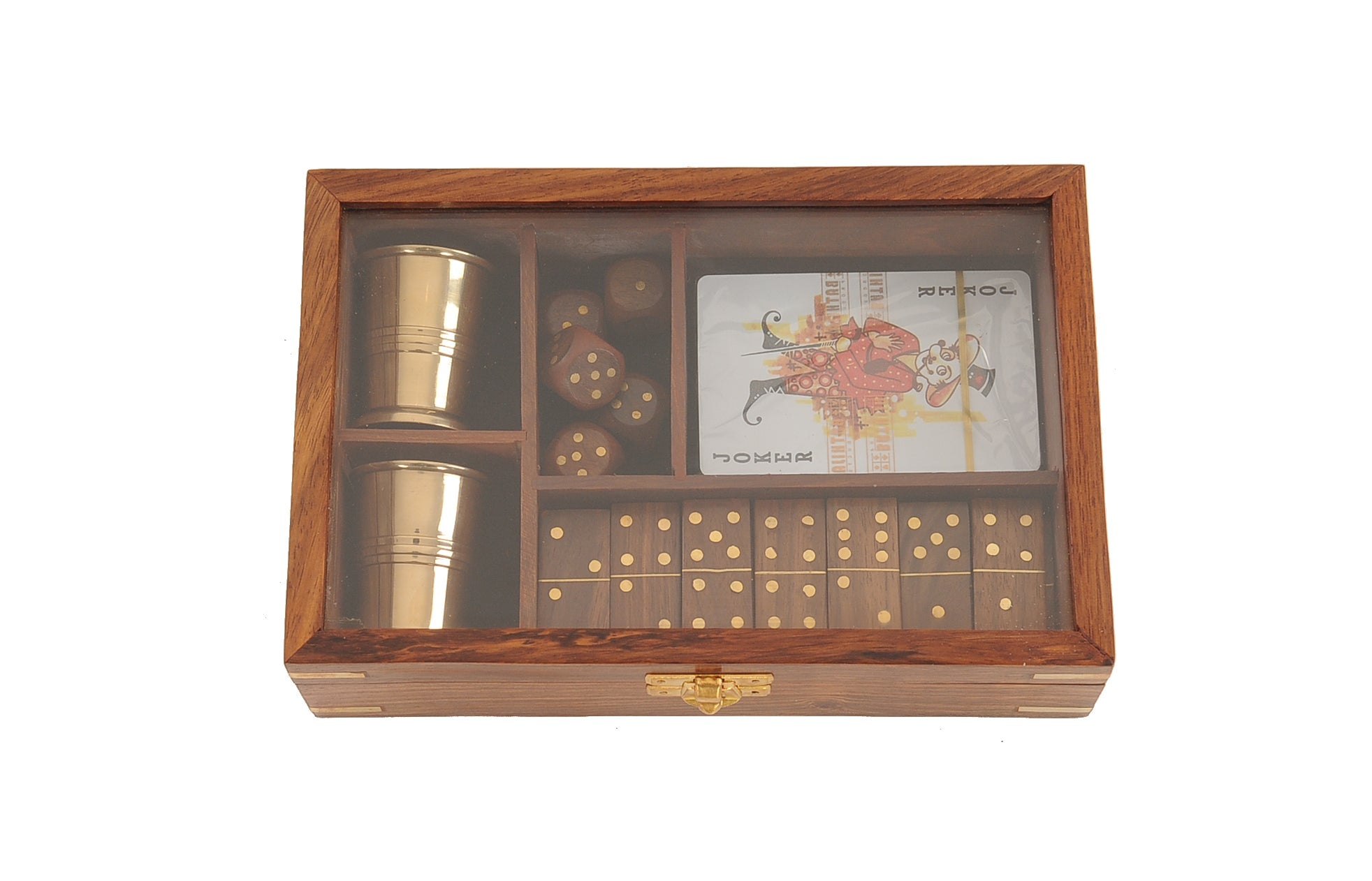 5.25" X 8" X 2.5" Wooden Game Set With Brass Goblet - Montana Home & Kitchen Co.