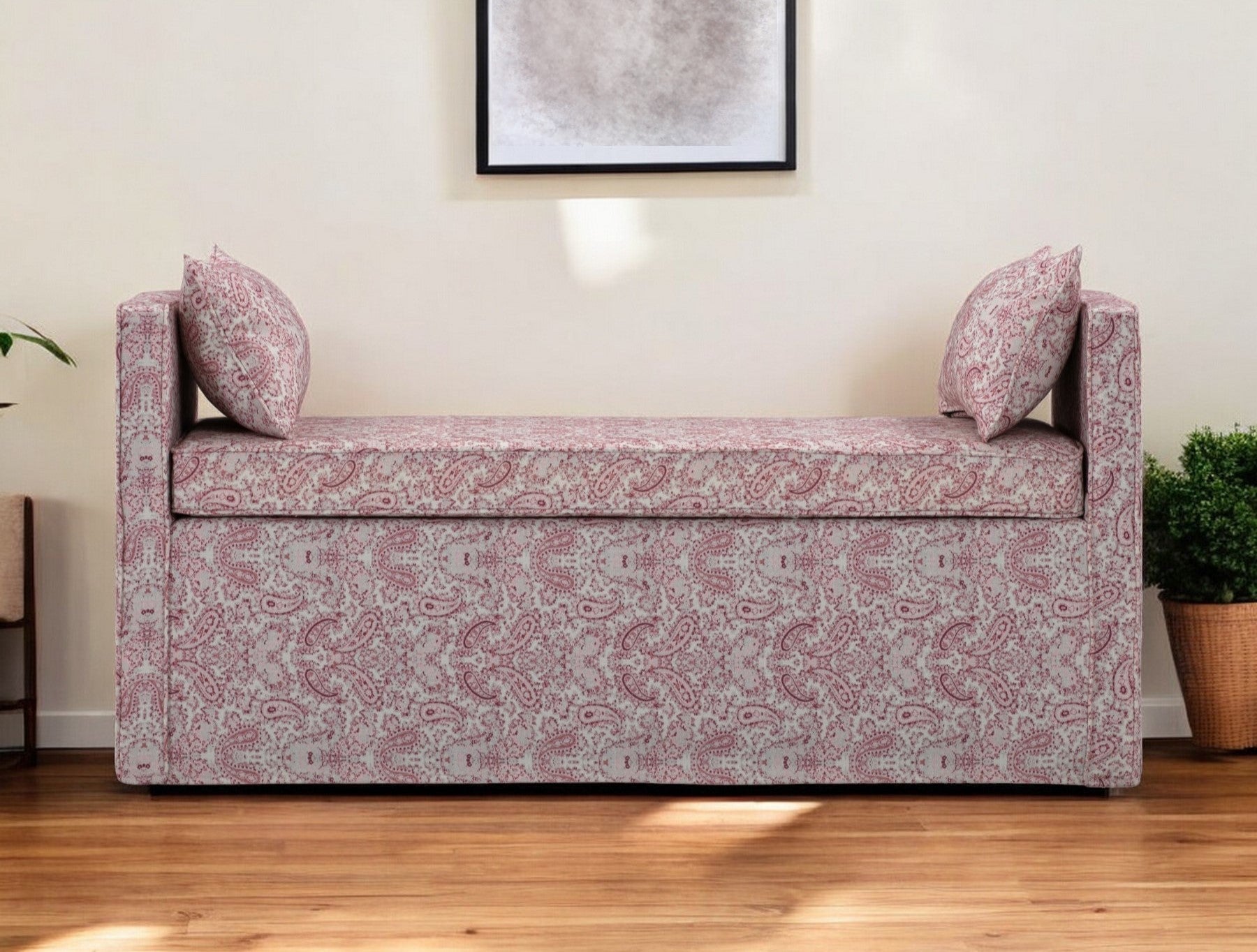 53" Red And Black Upholstered Linen Paisley Bench - Montana Home & Kitchen Co.