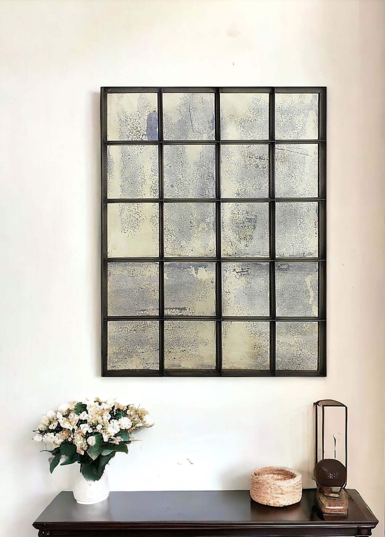 54" Antiqued Metal and Antiqued Glass Multi Pane Framed Accent Mirror - Montana Home & Kitchen Co.