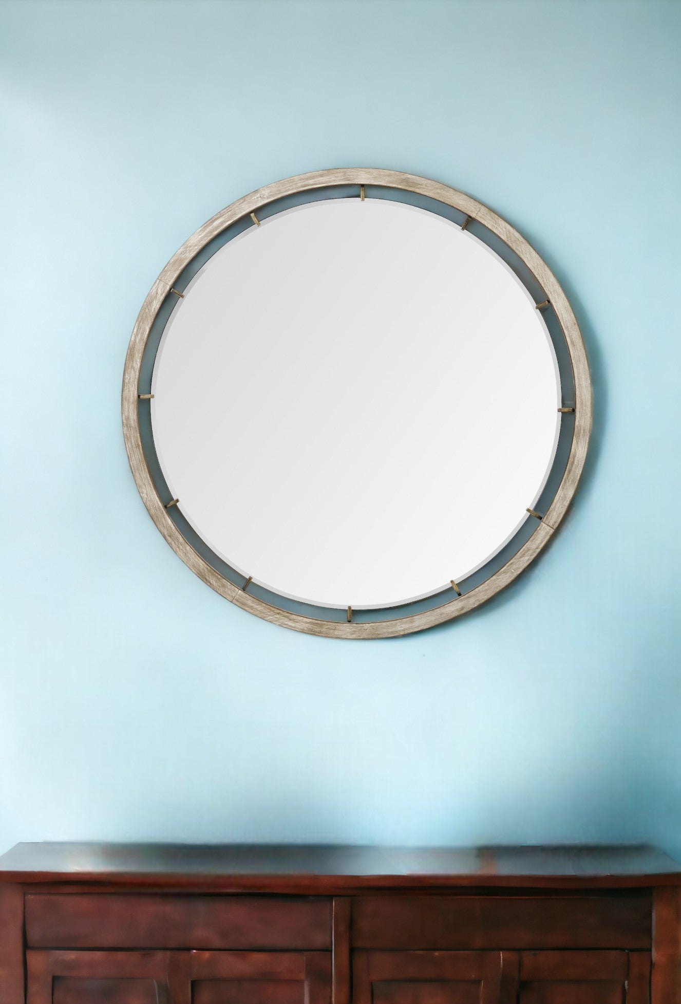 54" Brown Wood and Metal Round Framed Accent Mirror - Montana Home & Kitchen Co.