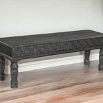 58" Black Distressed and Carved Solid Wood Dining Bench - Montana Home & Kitchen Co.