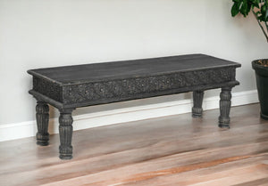 58" Black Distressed and Carved Solid Wood Dining Bench - Montana Home & Kitchen Co.