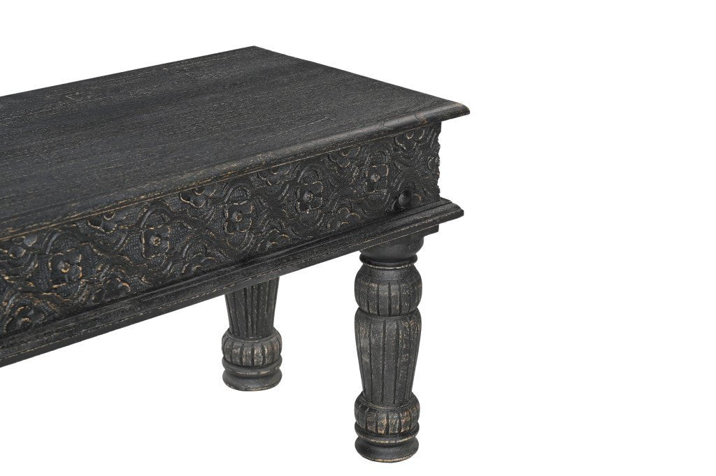 58" Black Distressed and Carved Solid Wood Dining Bench - Montana Home & Kitchen Co.