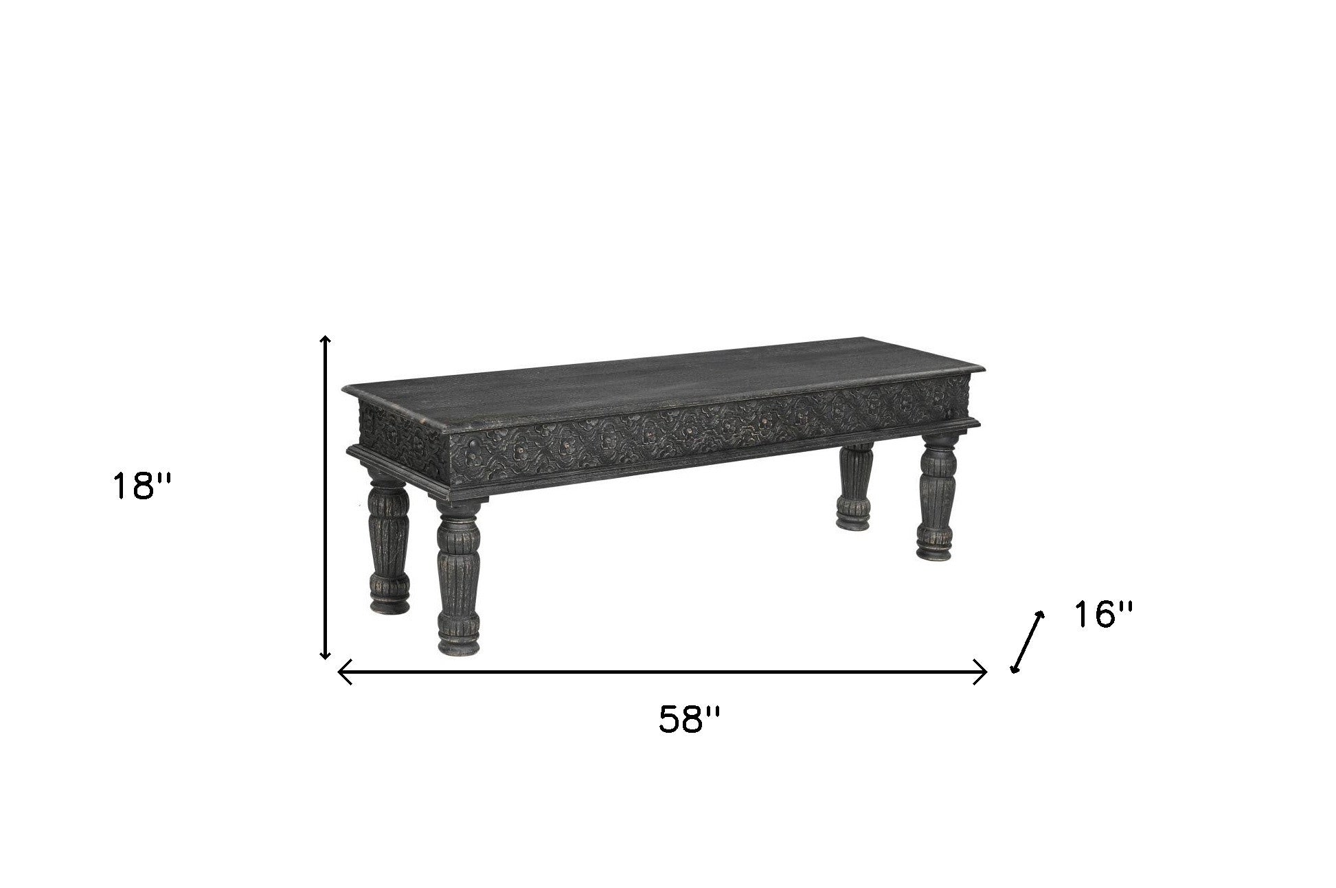 58" Black Distressed and Carved Solid Wood Dining Bench - Montana Home & Kitchen Co.