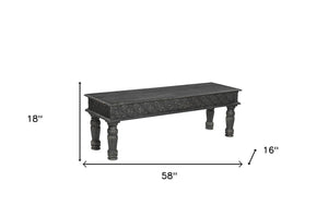 58" Black Distressed and Carved Solid Wood Dining Bench - Montana Home & Kitchen Co.