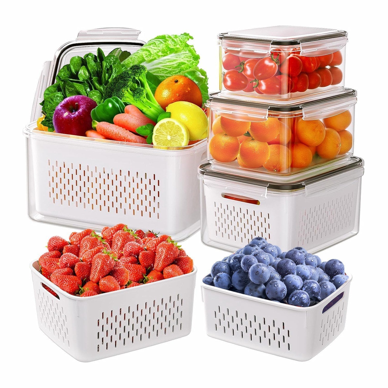 5Pcs Fruit Vegetable Containers with Removable Drain Basket Leakproof Lid Stackable Food Storage - Montana Home & Kitchen Co.