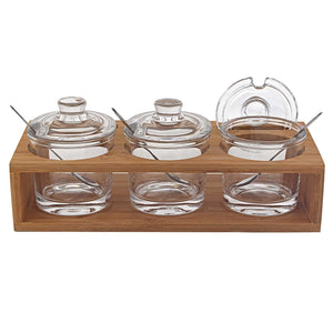 6 Mouth Blown Crystal Jam Set With 3 Glass Jars And Spoons On A Wood Stand - Montana Home & Kitchen Co.