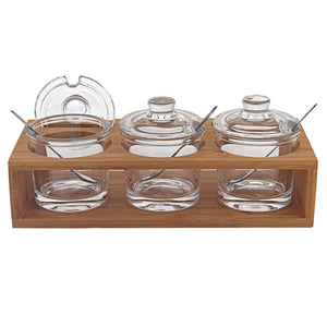 6 Mouth Blown Crystal Jam Set With 3 Glass Jars And Spoons On A Wood Stand - Montana Home & Kitchen Co.