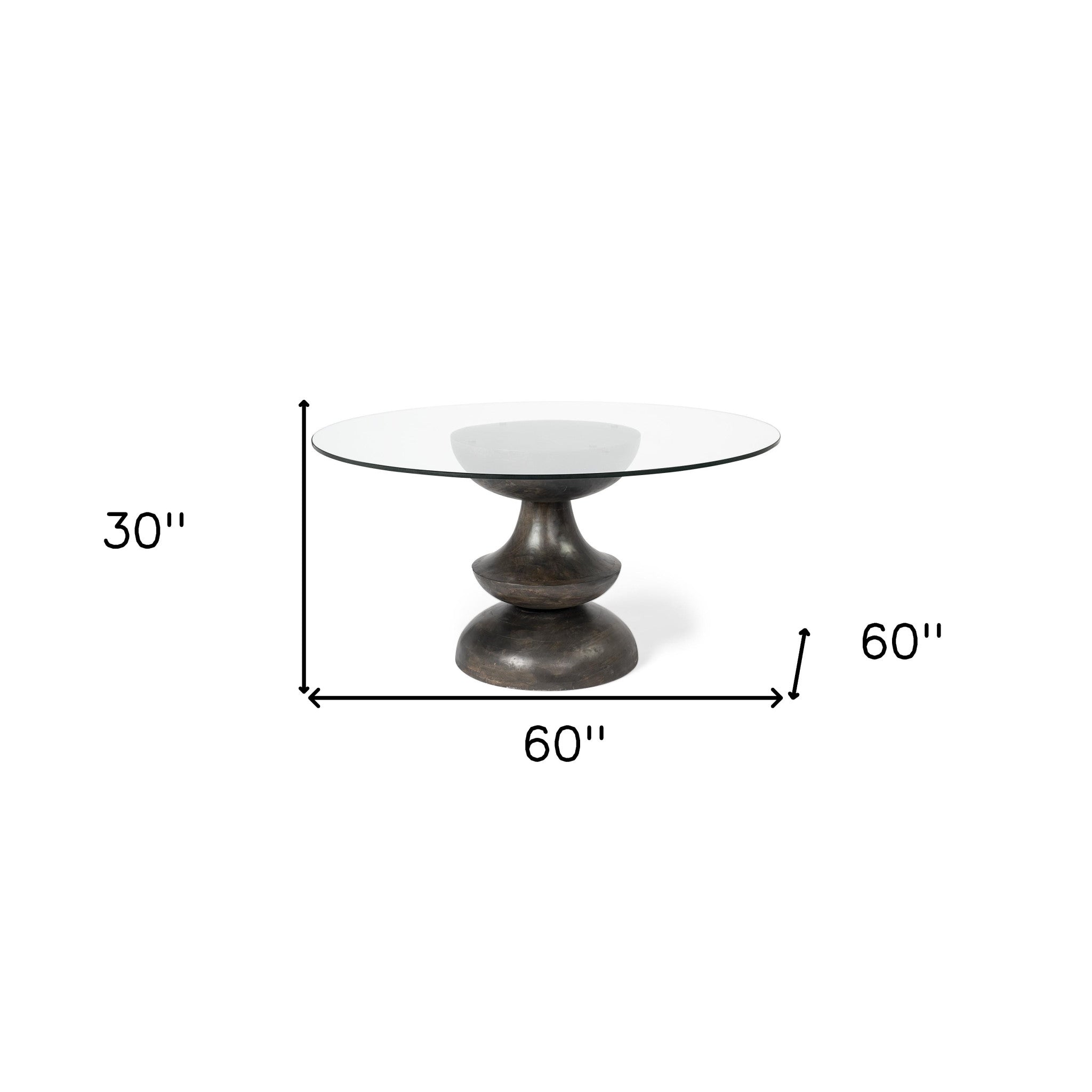 60" Clear And Brown Rounded Glass And Solid Manufactured Wood Pedestal Base Dining Table - Montana Home & Kitchen Co.