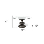 60" Clear And Brown Rounded Glass And Solid Manufactured Wood Pedestal Base Dining Table - Montana Home & Kitchen Co.