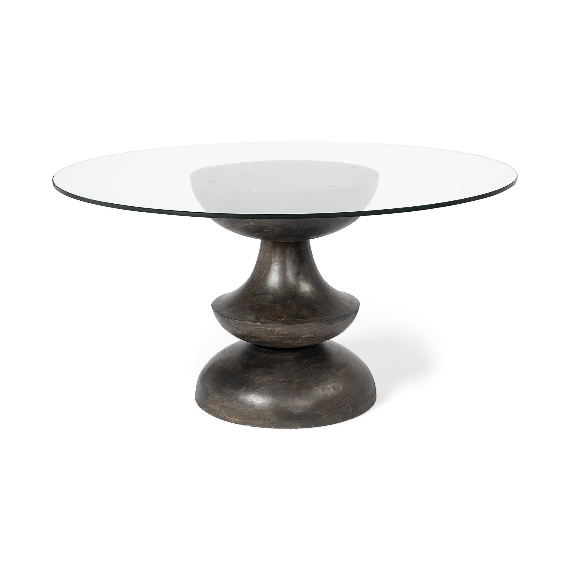 60" Clear And Brown Rounded Glass And Solid Manufactured Wood Pedestal Base Dining Table - Montana Home & Kitchen Co.