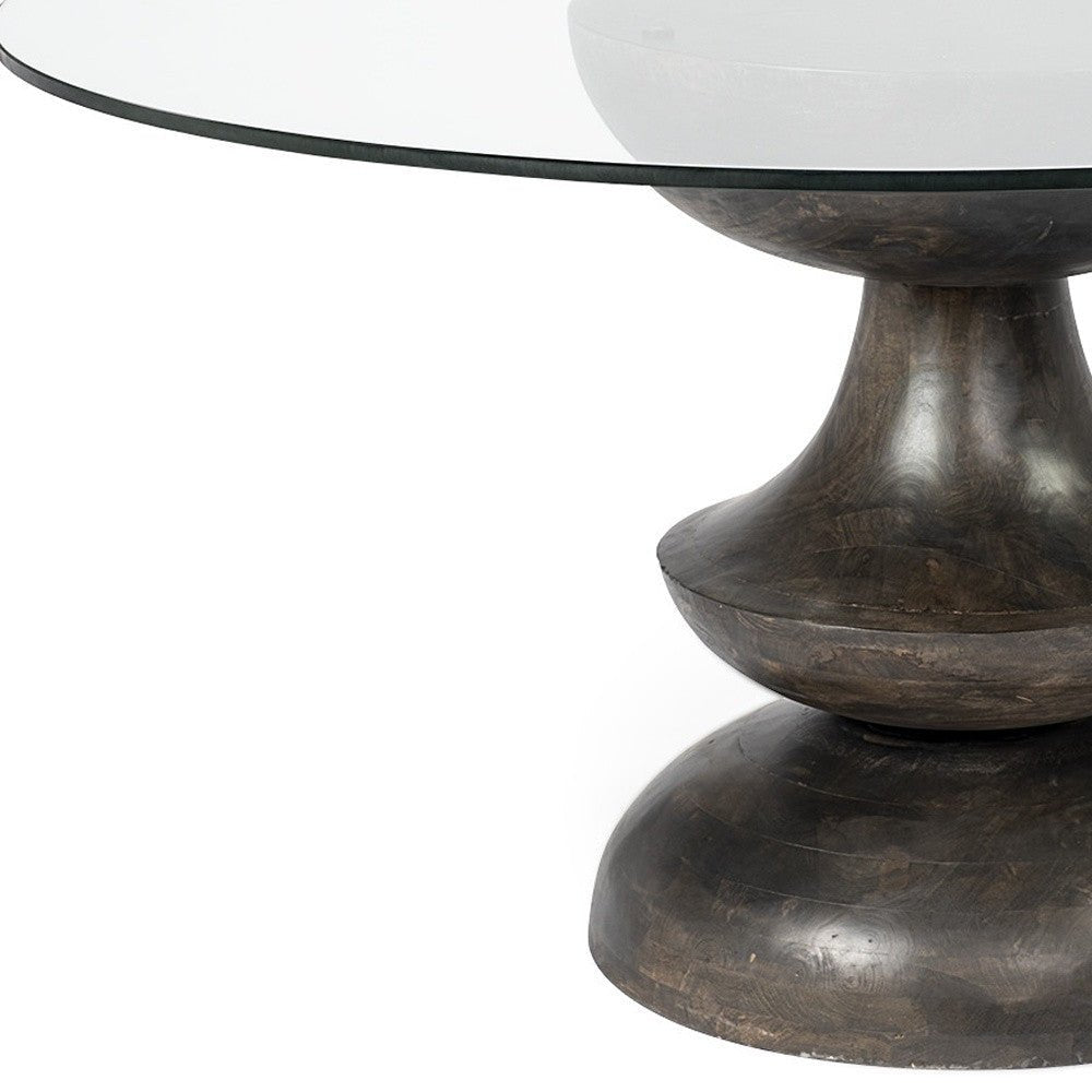 60" Clear And Brown Rounded Glass And Solid Manufactured Wood Pedestal Base Dining Table - Montana Home & Kitchen Co.