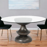 60" Clear And Brown Rounded Glass And Solid Manufactured Wood Pedestal Base Dining Table - Montana Home & Kitchen Co.